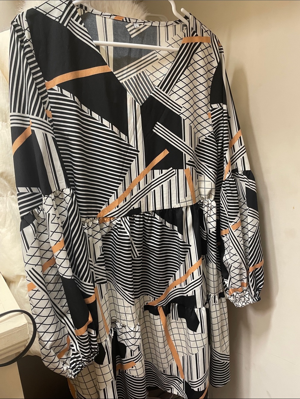 Geometric Print V-Neck Tiered Dress in Black, White & Tan